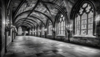 Obraz premium An expansive, gothic-style hall with tall arched windows.