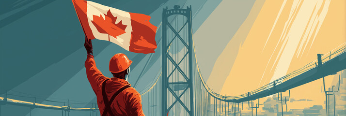 A construction worker holding canada flag in front of big bridge, flat illustration for canada day