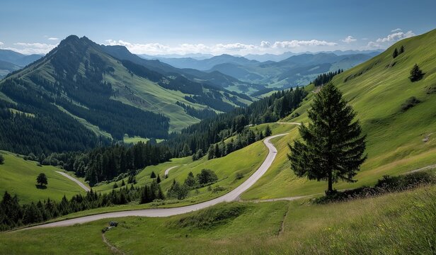 Serene Alpine mountain road winding through green meadows and forests, with distant peaks under clear blue skies, a lone tree adding tranquility to the scenic landscape
