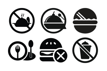Collection of Food Prohibition Symbols Representing Dietary Restrictions and Healthy Eating Choices Black and White Iconography