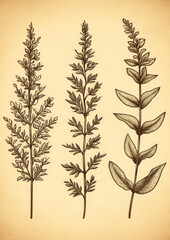 Leaves and branches of a plant on a beige background.