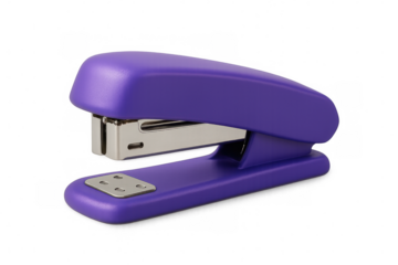 Purple stapler sitting on clear surface, facilitating document binding near office workspace
