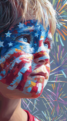 Boy face painted with american flag, fireworks background, patriotic look