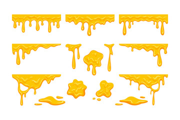 Melted Honey drip liquid vector set. Melting cheese drips element pack. Set of yellow syrup liquid, melted sauce flowing illustration. Spilled, drop, leak, splash, slime for food and drink products