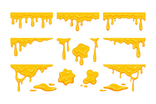 Melted Honey drip liquid vector set. Melting cheese drips element pack. Set of yellow syrup liquid, melted sauce flowing illustration. Spilled, drop, leak, splash, slime for food and drink products