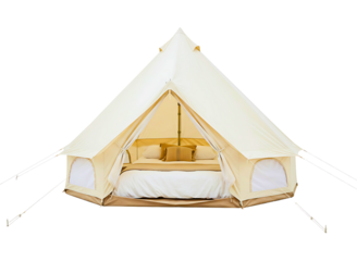 Beige canvas bell tent glamping setup isolated on transparent background