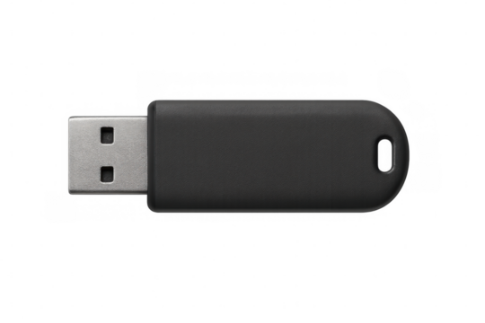 Black usb flash drive positioned for data storage, showcasing sleek design against transparent backdrop