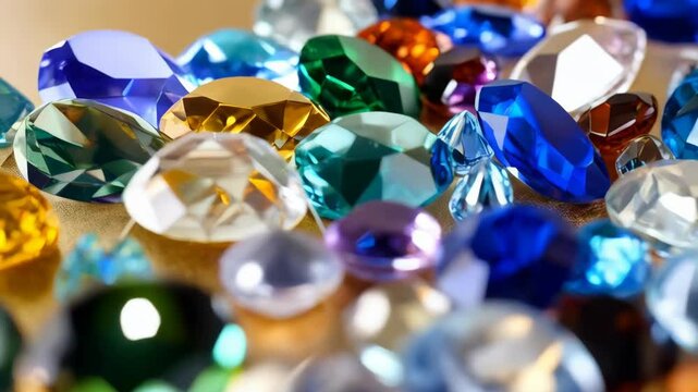 Close-up of multiple colorful cut gemstones, jewelry stones, sparkling diamonds and gems, luxury collection, valuable treasures, treasure hoard