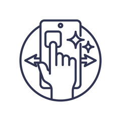 An icon of a hand swiping on a smartphone, symbolizing the excitement of digital discovery. Sparkles and arrows highlight the thrill of exploring new content and possibilities with a simple gesture.
