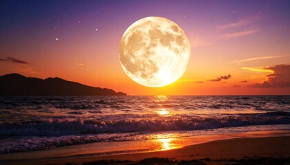 Large moon over a vibrant sunset beach