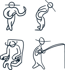 A set of drawn characters or people in different poses. Among them are a fisherman, a thoughtfully walking man and a man sitting in a chair.