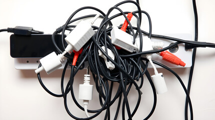 Tangled mess of wires and chargers creating a chaotic jumble on power strip