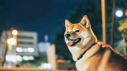 Profile of a Shiba Inu standing in the city at night.