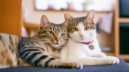 Two Japanese cats relaxing indoors.