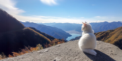 A cat looking down from the top of a mountain.
