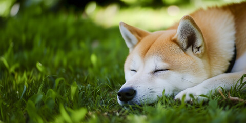 Peaceful afternoon of a Shiba Inu sleeping on the lawn.