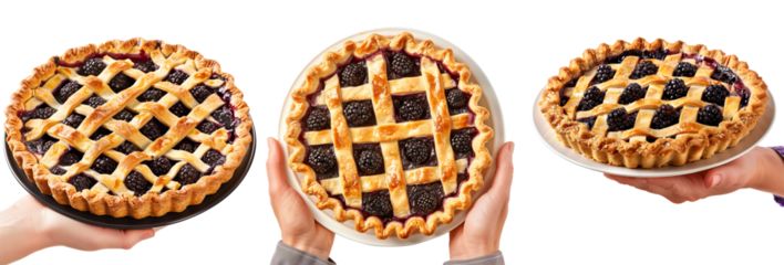 Hand holding baked blueberry pie with a stunning lattice crust isolated on white transparent background