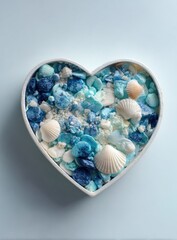 Heart-shaped bowl filled with blue and white candy, resembling beach pebbles and seashells