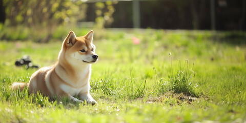 Shiba Inu puppy relaxing on the lawn.