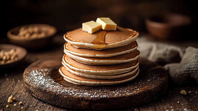 Golden pancakes topped with butter and syrup on a wooden board. Perfect for food blogs, breakfast menus, and culinary advertising.