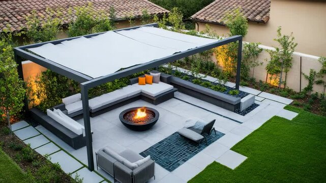 Backyard aerial layout with central seating area, pergola shading, fire bowl, and modern tile work