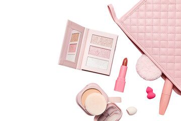 Organized cosmetic products ready to use, isolated on white, PNG