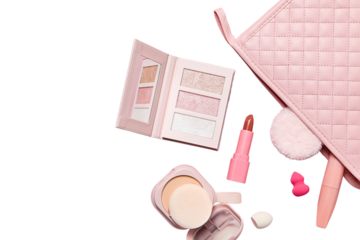 Organized cosmetic products ready to use, isolated on white, PNG