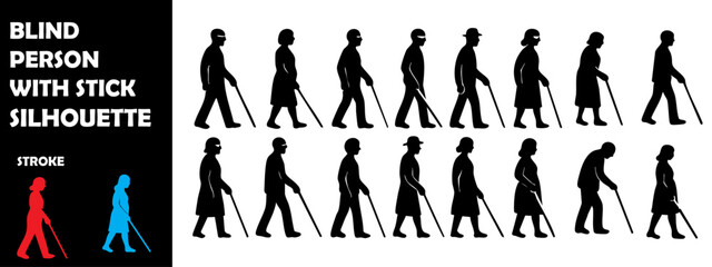 Blind Person with Stick Silhouette Vector Set – Disability Awareness and Independent Navigation