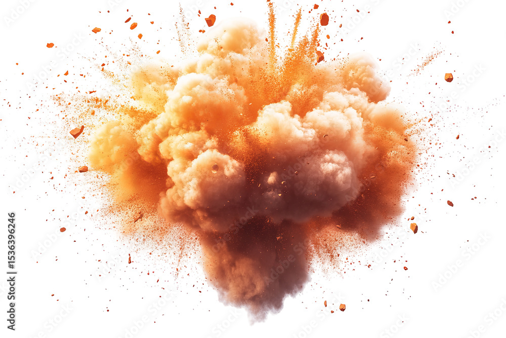 Poster high-resolution realistic explosion with billowing smoke and flying debris on a transparent png back
