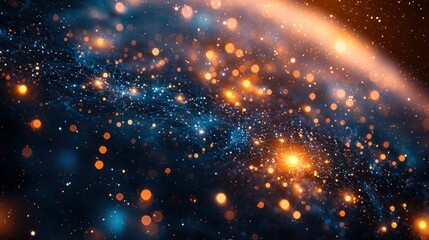 Fototapeta premium Cosmic, glittering, swirling nebula. Bokeh effect. Dark space. Vibrant colors