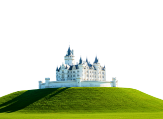 Fairytale castle on hilltop isolated on transparent background
