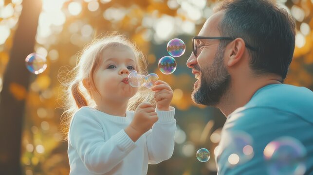 Father and Daughter Blowing Bubbles in Golden Sunlight, Joyful Moments