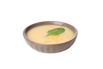 PNG, corn soup in a plate, isolated on white background.