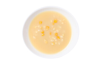 PNG, corn soup in a white bowl, isolated on white background.