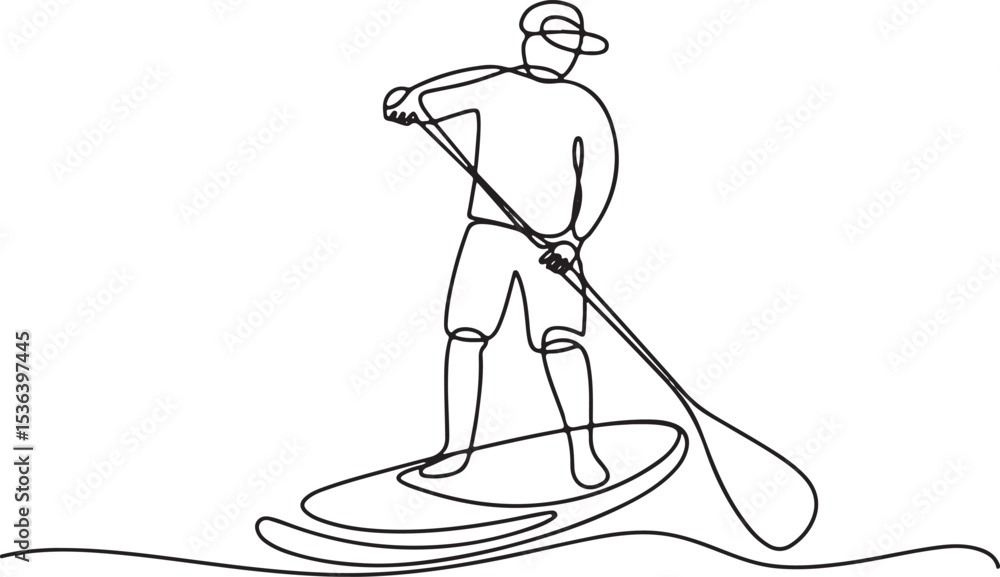 Poster paddle boarder continuous single line drawing in minimalist style with person standing on board hold