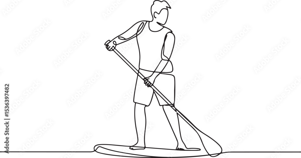Poster paddle boarder continuous single line drawing in minimalist style with person standing on board hold