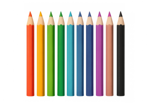 Vibrant pencils forming rainbow gradient, displaying colorful spectrum against transparent surface for creative design applications