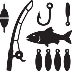 Fishing Silhouette Icons: Angler, Fish, Hook, Floats & Reel