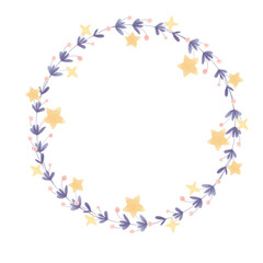 Minimalistic floral wreath with soft purple leaves, pink berries, and yellow stars. Watercolor illustration in whimsical, naive style. Perfect for invitations, greeting cards, nursery decor, or
