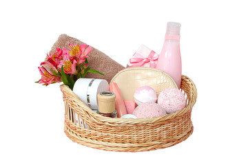 Luxury basket with bath items and flowers, isolated on white, PNG