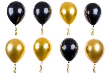 Elegant cluster of golden and black festival balloons grouped and isolated on a transparent background in ultra-high-resolution PNG for seamless cutout and celebration design