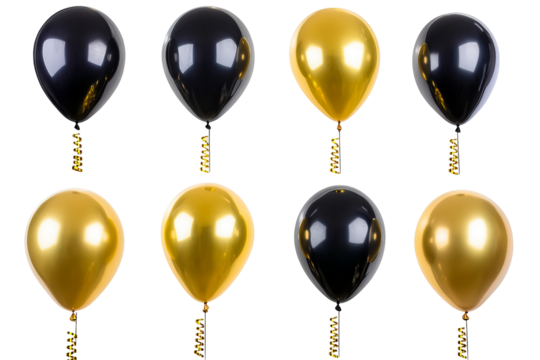 Elegant cluster of golden and black festival balloons grouped and isolated on a transparent background in ultra-high-resolution PNG for seamless cutout and celebration design