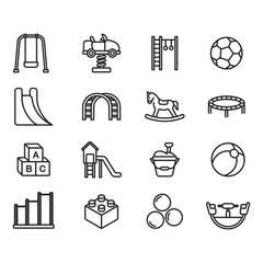 Collection of icons related to children's playground. Thin line vectors. Contains icons such as trampoline, slide, swing and more.

