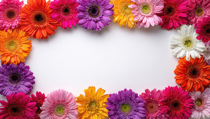 Colorful gerbera daisies frame the border on a white background