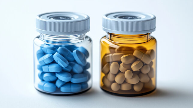 Two transparent pill bottles filled with blue and white capsules on a clean white background. Symbolizes medicine, vitamins, dietary supplements, healthcare, pharmacy, and wellness. Caption space on t