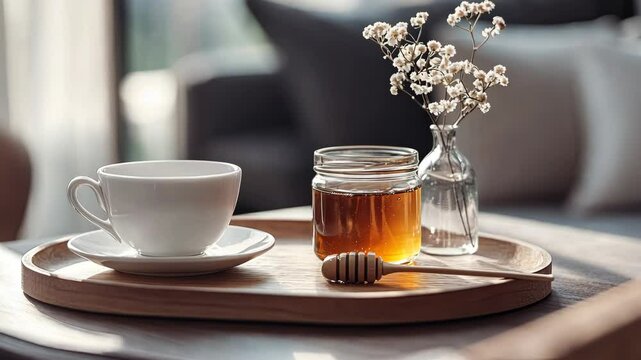 A single teaspoon styled beside a small jar of honey on a wooden tray. background background