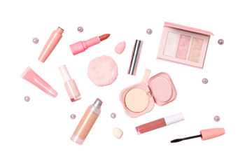 Beauty products neatly arranged, isolated on white, PNG