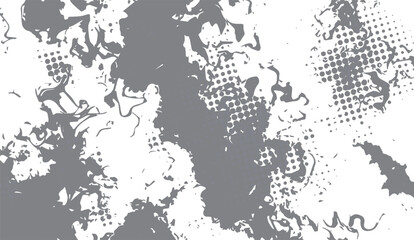 Distressed Gray Halftone Splatter Texture on White Backdrop, Seamless Abstract Design with Grunge Elements, Perfect for Creative Projects and Digital Backgrounds, Unique