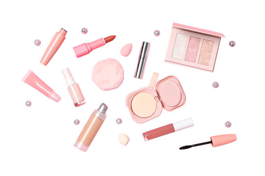 Beauty products neatly arranged, isolated on white, PNG