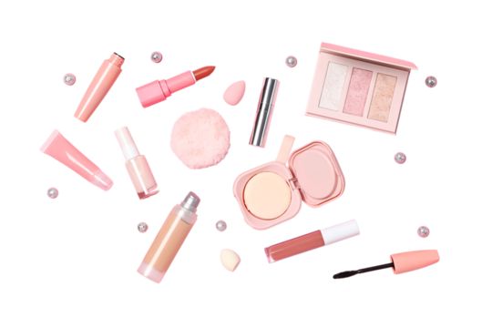 Beauty products neatly arranged, isolated on white, PNG